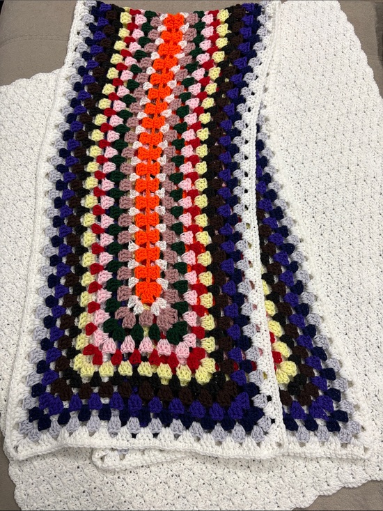 Handmade Other - Handcrafted Multicolor Crochet Throw Runner - White Trim Decorative Clear Bids !
